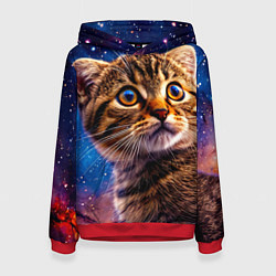 Толстовка-худи женская Шотландская прямоухая кошка в космосе, цвет: 3D-красный