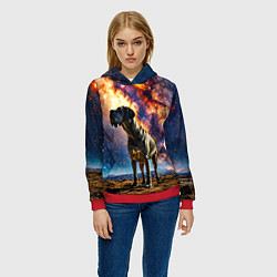 Толстовка-худи женская Немецкий дог и космическое небо, цвет: 3D-красный — фото 2