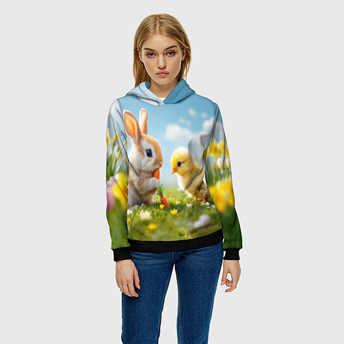 Женская толстовка Кролик и цыпленок встречают Пасху / 3D-Черный – фото 3