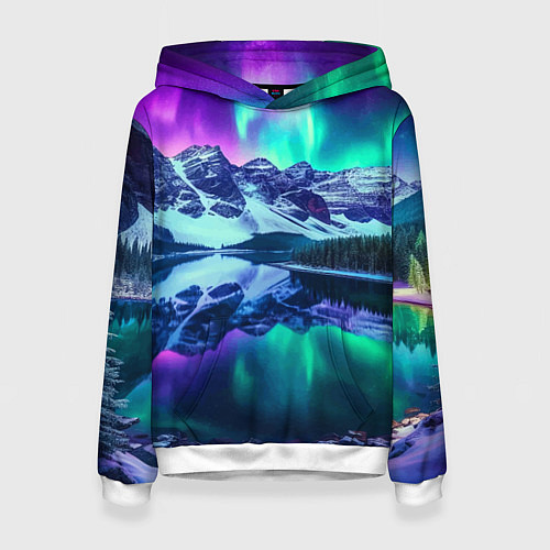 Женская толстовка Северное сияние над горами - неоновое свечение / 3D-Белый – фото 1