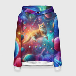 Толстовка-худи женская Рыжий космический котёнок - неоновое свечение, цвет: 3D-белый
