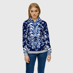Толстовка-худи женская Гжель русский орнамент королевский синий, цвет: 3D-меланж — фото 2