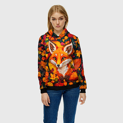 Женская толстовка Лисенок в осенних листьях / 3D-Черный – фото 3