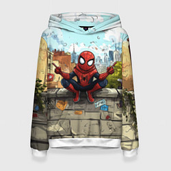 Толстовка-худи женская Маленький человек-паук в городе, цвет: 3D-белый