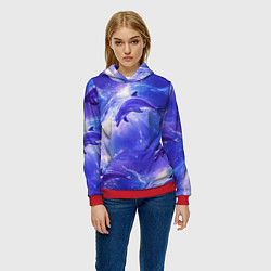 Толстовка-худи женская Дельфины в волшебном море паттерн, цвет: 3D-красный — фото 2