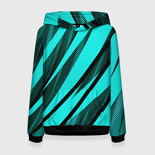 Женская толстовка Неоновый голубой с чёрным абстракция с полосами / 3D-Черный – фото 1
