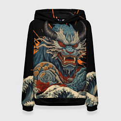 Толстовка-худи женская Японский дракон и волны в стиле тату ирезуми, цвет: 3D-черный