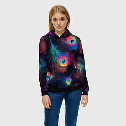 Толстовка-худи женская Павлиньи перья - разные оттенки, цвет: 3D-черный — фото 2