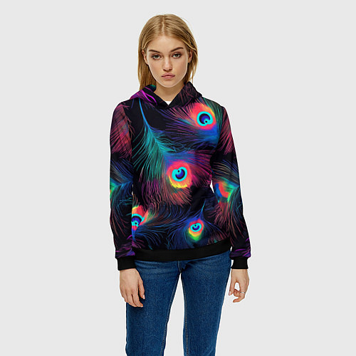Женская толстовка Павлиньи перья - разные оттенки / 3D-Черный – фото 3