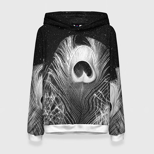 Женская толстовка Изогнутые белые перья павлина - чб иллюстрация / 3D-Белый – фото 1
