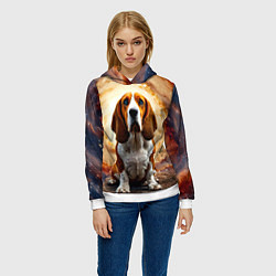 Толстовка-худи женская Бассет-хаунд в космосе, цвет: 3D-белый — фото 2