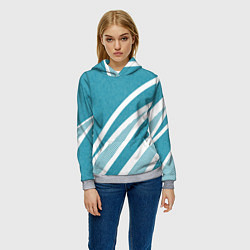 Толстовка-худи женская Бело-голубой абстракция с полосами, цвет: 3D-меланж — фото 2