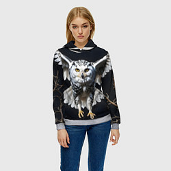 Толстовка-худи женская Белая сова на темном фоне, цвет: 3D-меланж — фото 2