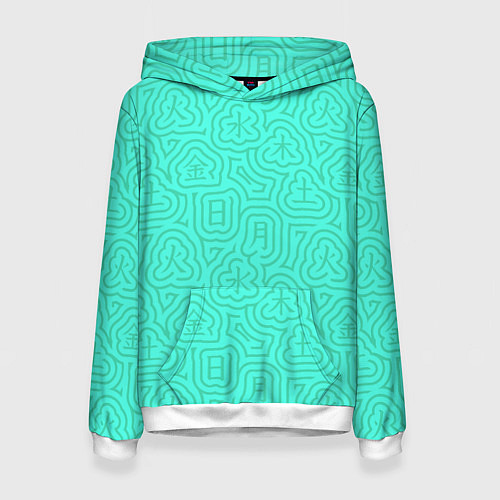 Женская толстовка Лабиринтовый паттерн с иероглифами на бирюзе / 3D-Белый – фото 1
