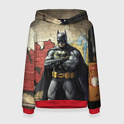 Толстовка-худи женская Бэтмен на фоне стены, цвет: 3D-красный