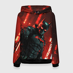 Толстовка-худи женская Черный Бэтмен на фоне красного города, цвет: 3D-черный