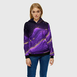 Толстовка-худи женская Фиолетовая текстура с золотыми звездочками, цвет: 3D-черный — фото 2