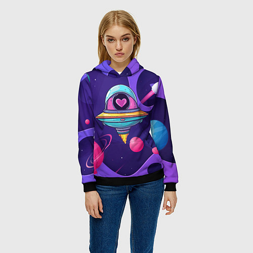 Женская толстовка Летающая тарелка с сердцем / 3D-Черный – фото 3