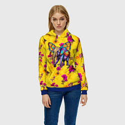 Толстовка-худи женская Слон с крыльями бабочки на цветочном фоне, цвет: 3D-синий — фото 2