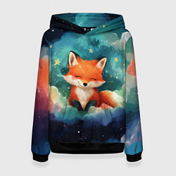 Толстовка-худи женская Лисенок на облаках, цвет: 3D-черный