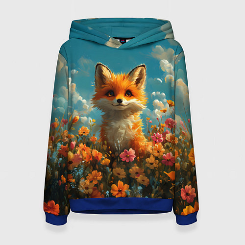 Женская толстовка Лисица в цветочном поле / 3D-Синий – фото 1