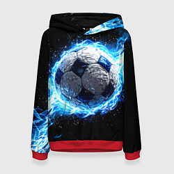 Толстовка-худи женская Футбольный мяч в синем пламени, цвет: 3D-красный