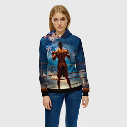 Толстовка-худи женская Тайский боксер в космосе, цвет: 3D-черный — фото 2