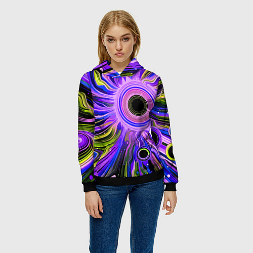 Женская толстовка Абстрактный неоновый космос - чёрная дыра / 3D-Черный – фото 3