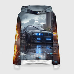 Толстовка-худи женская BMW синие фары дождливая погода, цвет: 3D-белый