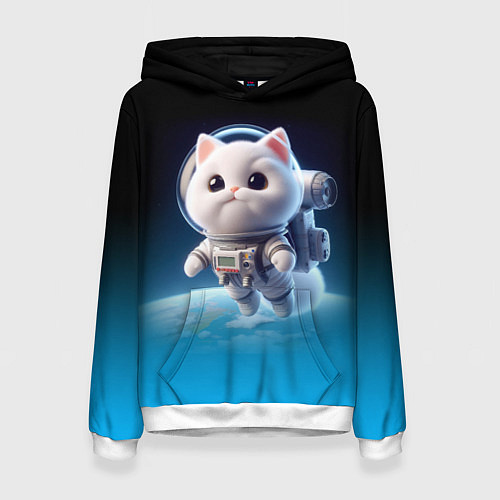 Женская толстовка Милый белый котёнок космонавт / 3D-Белый – фото 1