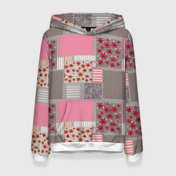 Толстовка-худи женская Розово-серые разноцветные лоскуты, цвет: 3D-белый
