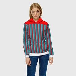 Толстовка-худи женская Красно синий комбинированный узор с полосами, цвет: 3D-белый — фото 2