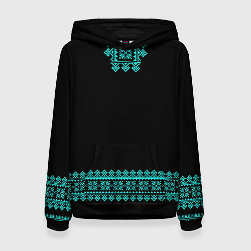 Женская толстовка Славянские узоры и орнамент голубой - вышиванка ру / 3D-Черный – фото 1