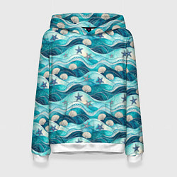 Толстовка-худи женская Летний узор с ракушками и морскими звездами, цвет: 3D-белый