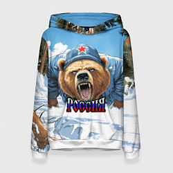 Толстовка-худи женская Медведь отжимается - я русский, цвет: 3D-белый