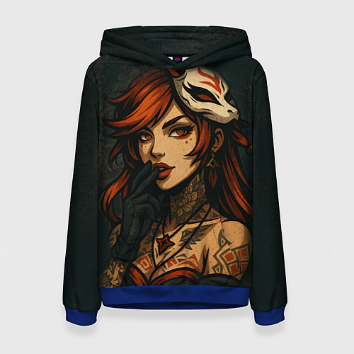 Женская толстовка Рыжая девушка с маской лисы дерзкий стиль / 3D-Синий – фото 1