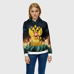 Толстовка-худи женская Герб России зеленое пламя, цвет: 3D-белый — фото 2