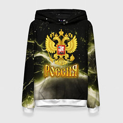 Толстовка-худи женская Россия - герб на черно-зеленом фоне, цвет: 3D-белый