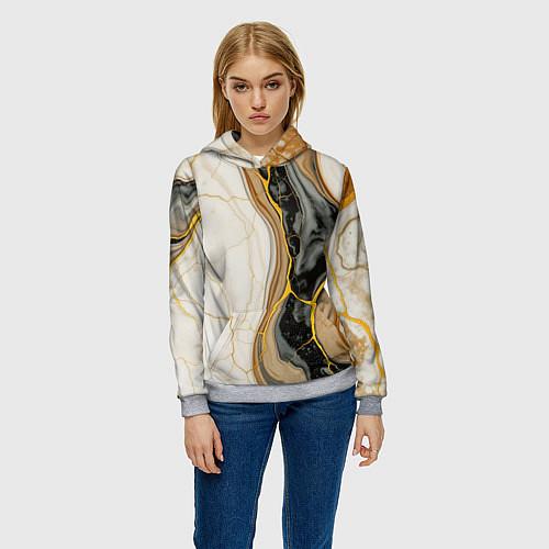 Женская толстовка Золотистые прожилки в мраморе / 3D-Меланж – фото 3