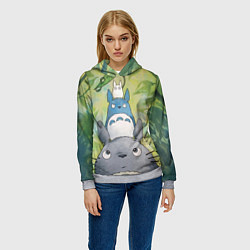 Толстовка-худи женская Тоторо в лесу акварель, цвет: 3D-меланж — фото 2