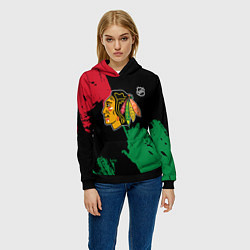 Толстовка-худи женская Чикаго Блэкхокс - брызги красок, цвет: 3D-черный — фото 2