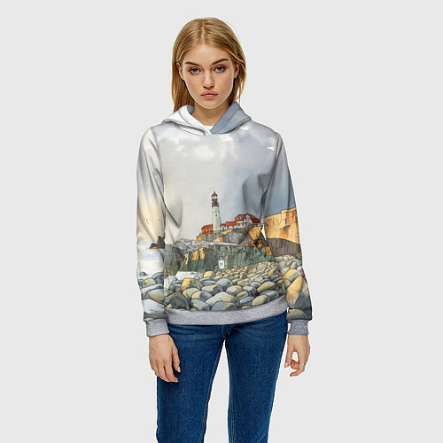 Женская толстовка Маяк и камни на пляже - акварельный рисунок / 3D-Меланж – фото 3