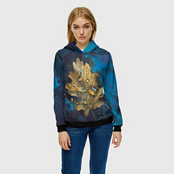 Толстовка-худи женская Осенний лист с каплями акварельный - крупный арт, цвет: 3D-черный — фото 2