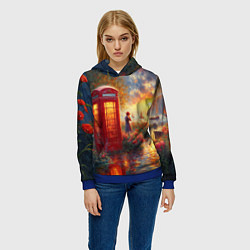 Толстовка-худи женская Пейзаж с красной телефонной будкой, цвет: 3D-синий — фото 2