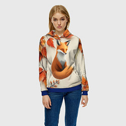 Толстовка-худи женская Лис под осенними листьями, цвет: 3D-синий — фото 2