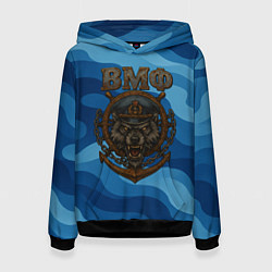 Толстовка-худи женская ВМФ агрессивный русский волк, цвет: 3D-черный