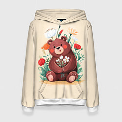 Толстовка-худи женская Мишаня с букетом, цвет: 3D-белый