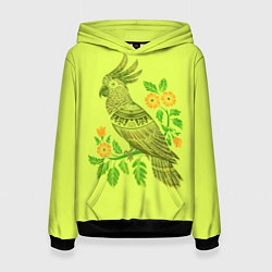 Толстовка-худи женская Попугай с маргаритками, цвет: 3D-черный