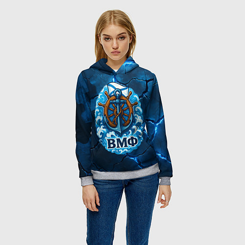 Женская толстовка Штурвал ВМФ - на фоне светящихся разломов / 3D-Меланж – фото 3