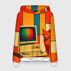 Толстовка-худи женская Кот и винтажный компьютер ретрофутуризм поп-арт 19, цвет: 3D-белый